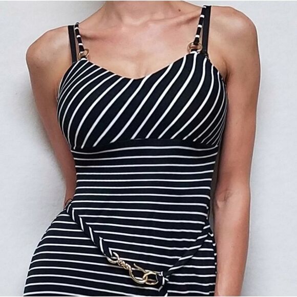 VINTAGE Cache Black Striped Hook Belted Dress - Picture 3 of 15
